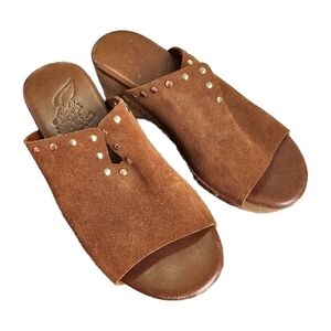 Sagini clog suede boho studded cognac brown leather & wood mules shoes